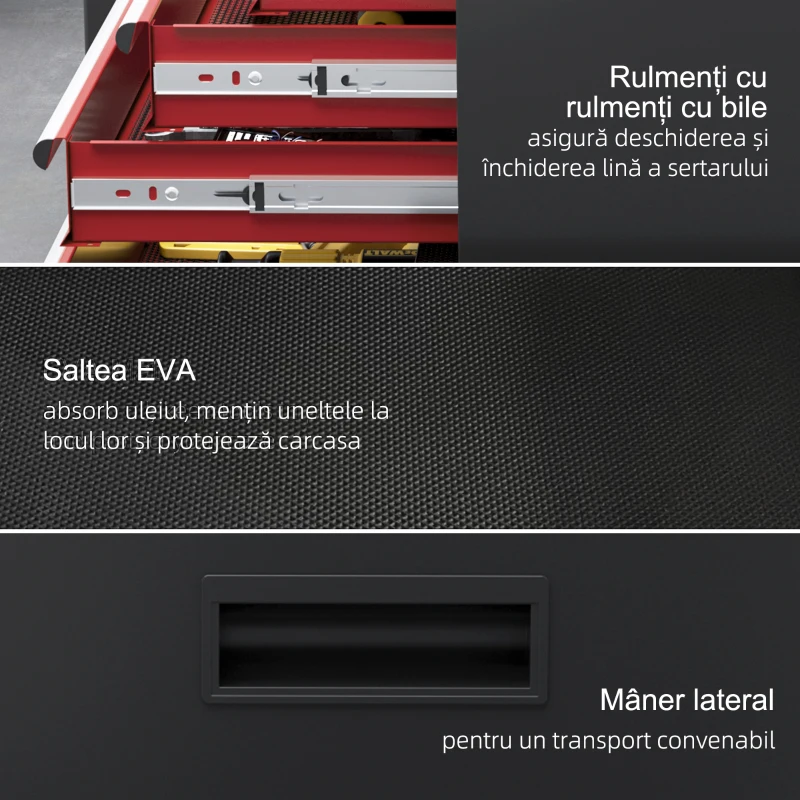 HOMCOM Carucior pentru unelte cu 5 sertare, cutie detașabilă și dulap din oțel cu cheie, roșu