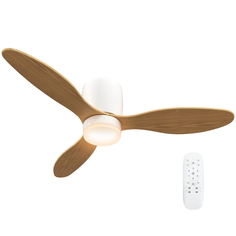 HOMCOM Plafondventilator met instelbare verlichting en afstandsbediening 115 cm, 3 kleuren, 3 bladen, 6 snelheden, timer, Naturel