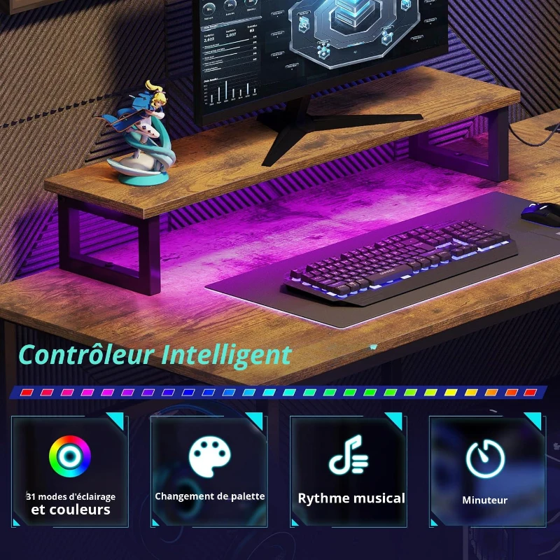 Bureau d'angle en L avec LED RVB, étagères ouvertes, support pour moniteur ergonomique, 122x80x87,5 cm, Marron