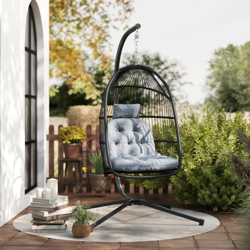 Outsunny Silla Colgante Huevo con Soporte con Cesta Plegable Cojín y Reposacabezas para Interior y Exterior Carga 150 kg Gris