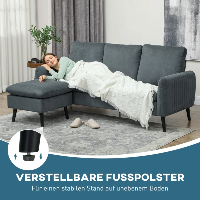 HOMCOM Hoekbank, 3-zitsbank met hocker, stoffen bekleding, L-vormige bankset, donkergrijs