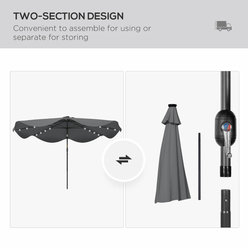 Outsunny Solar Patio Umbrella with LED and Tilt, Outdoor Market Table Umbrella Parasol with Crank, 3 x 3 (m), Dark Grey