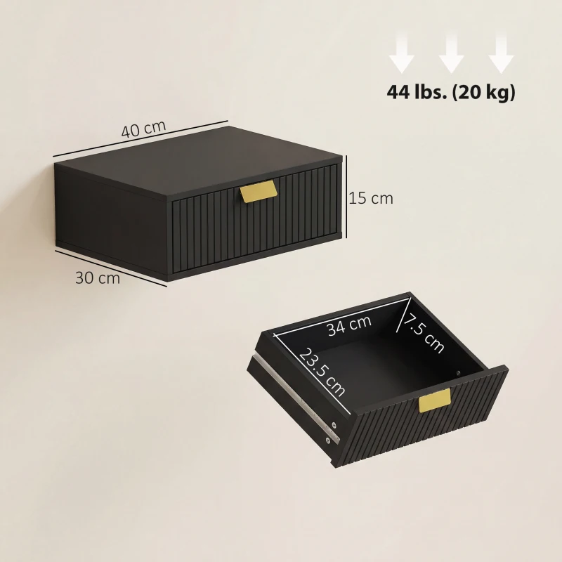 HOMCOM Set de 2 noptiere de perete, noptiere suspendate cu sertar ondulat, 40 x 30 x 15 cm, negru