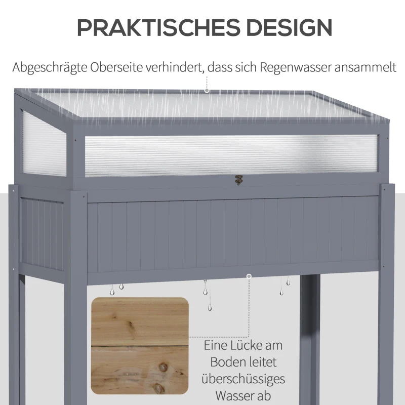 Outsunny Verhoogd Bed Hout met Koud Frame 2-in-1 Kas Tomatenhuis Groentebed Kruidenbed Plantenbak voor Tuin Balkon en Terras Polycarbonaat Grijs 120 x 54 x 112/122 cm
