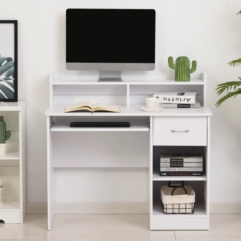 HOMCOM Scrivania per Computer Compatta, Scrivania PC Fisso in Legno Bianco con Ripiano Tastiera Estraibile e Mensole 104x48x95.5cm