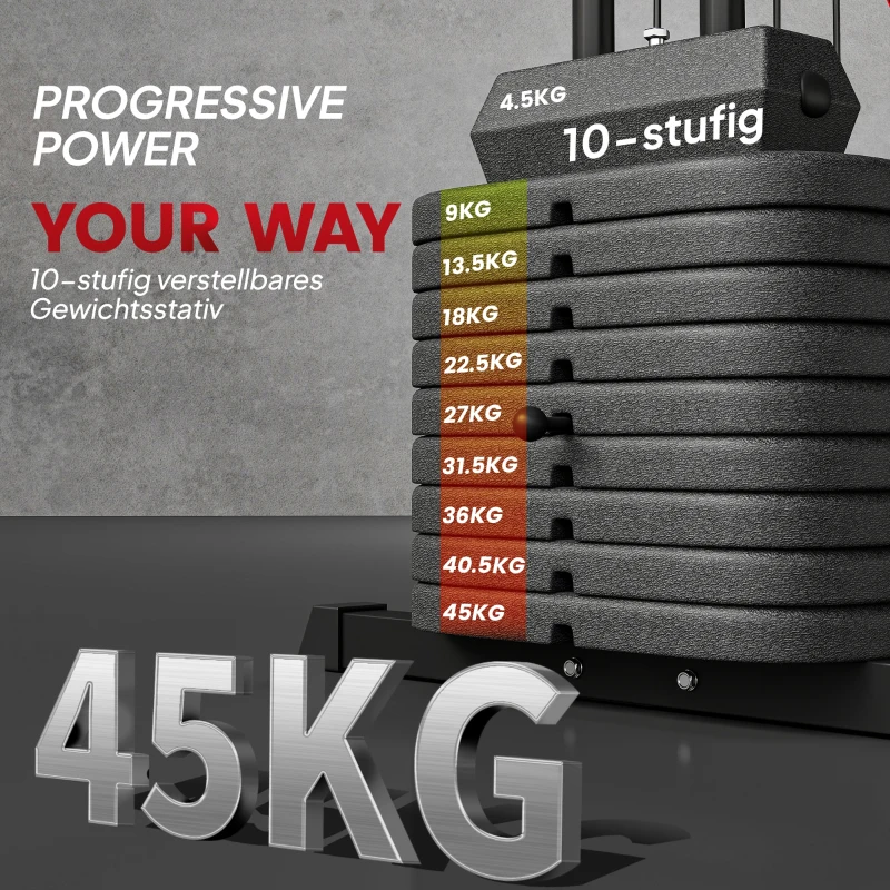 SPORTNOW Thuis Fitnessstation met 45 kg Gewichtsblokken, Lat Pulley, Borststation, Beinpresse voor Veelzijdige Training