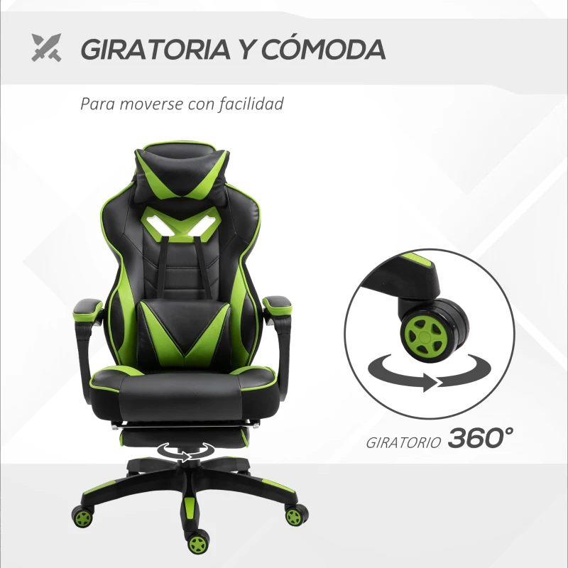 Vinsetto Silla Gaming Ergonómica Silla de Escritorio de Oficina Regulable en Altura Reclinable Respaldo con Reposapiés Reposacabezas Cojín Lumbar Ruedas 65x70x118,5-128,5 cm Verde