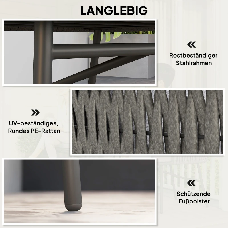 Outsunny 3-delig buitenmeubelset, 2 stoelen, 1 tafel, bistroset, kunst-rotan, stalen frame, metalen tafel, 4 kussens, grijs
