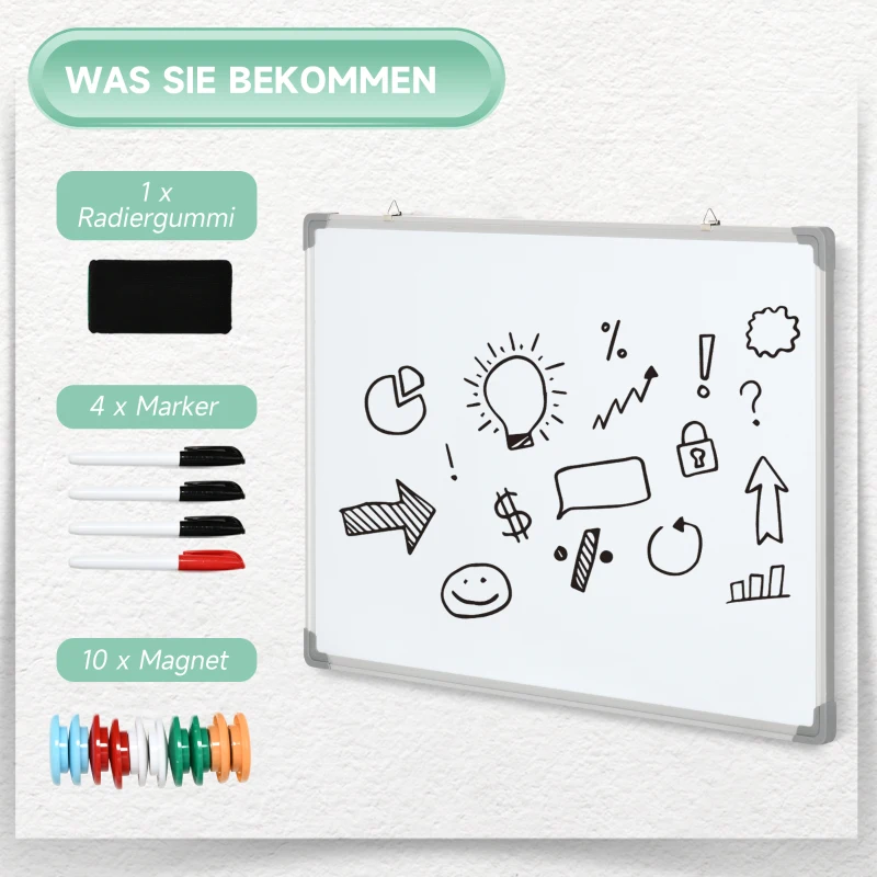 HOMCOM Whiteboard, magnetisch bord, notitiebord, inclusief accessoires, 4 stiften, 1 spons, 10 magneten, wit + zilver