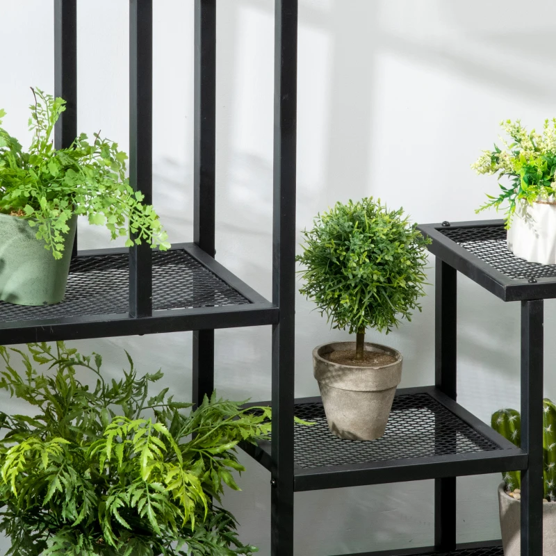 Outsunny plantenrek, plantentrap met 4 treden, bloemenrek op meerdere niveaus, plantenstandaard voor tuin, balkon, metaal, zwart, 91 x 25 x 83 cm(m-8)