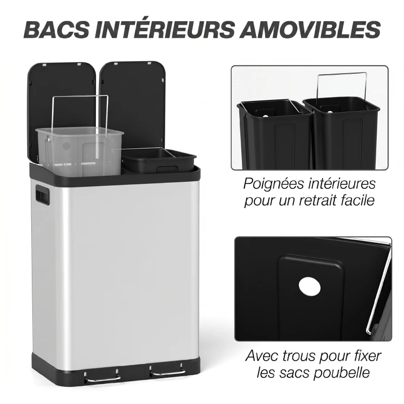 HOMCOM Poubelle de cuisine à double compartiment 2 x 30L avec pédale en acier inoxydable, couvercle à fermeture douce, argent