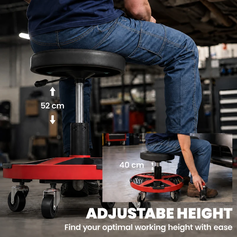 HOMCOM Rolling Mechanic Stool, 40-52 cm Height Adjustable Workshop Stool, 135kg 360° Swivel Roller Padded Creeper Seat, Black