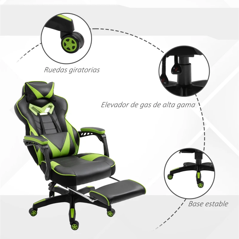 Vinsetto Silla Gaming Ergonómica Silla de Escritorio de Oficina Regulable en Altura Reclinable Respaldo con Reposapiés Reposacabezas Cojín Lumbar Ruedas 65x70x118,5-128,5 cm Verde