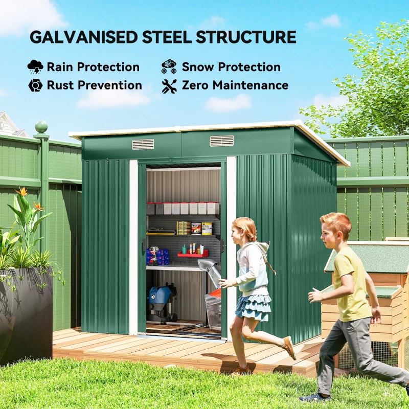 Outsunny 7 x 4ft Outdoor Storage Shed with Foundation Kit, Lean to Metal Garden Shed for Log, Rubbish Bin, Tool, Bike, Green