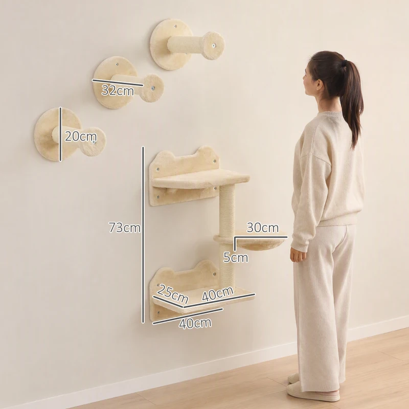 PawHut klimtrappen, klimmuur, kattentrap, 4 stuks Set, met krabpaal, hangmat, beige+roomwit, 40 x 28 x 73 cm