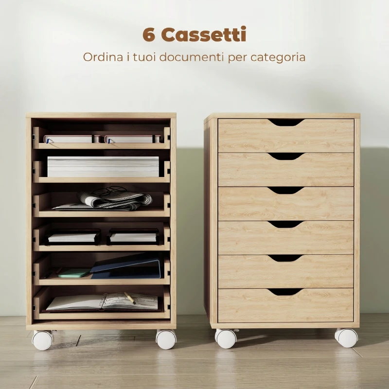 HOMCOM Cassettiera da Ufficio a 6 Cassetti con 4 Ruote e Blocco, 40x35x63 cm, Rovere