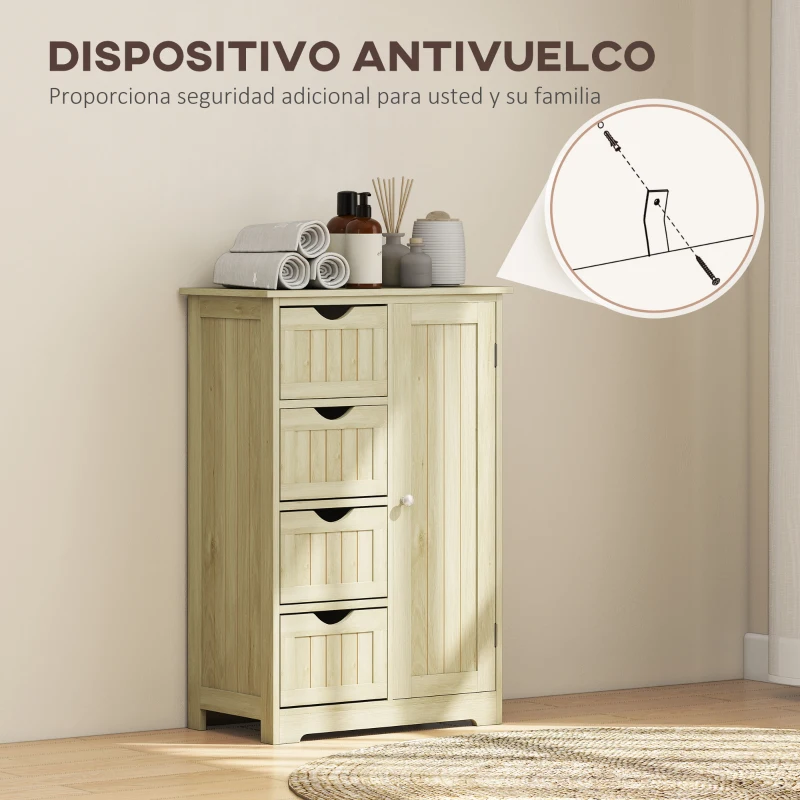 kleankin Armario de Baño Columna de Baño Estrecha con 4 Cajones y Estante Ajustable Estilo Moderno 56x30x83 cm Madera Natural