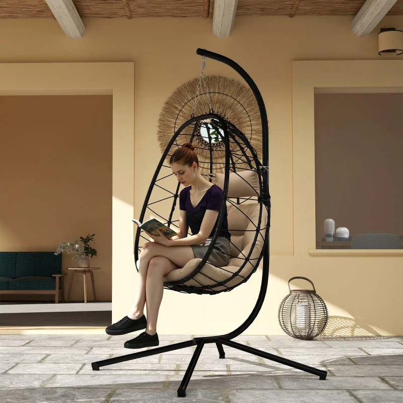 Outsunny Silla Colgante Huevo con Soporte con Cesta Plegable Cojín y Reposacabezas para Interior y Exterior Carga 120 kg Caqui