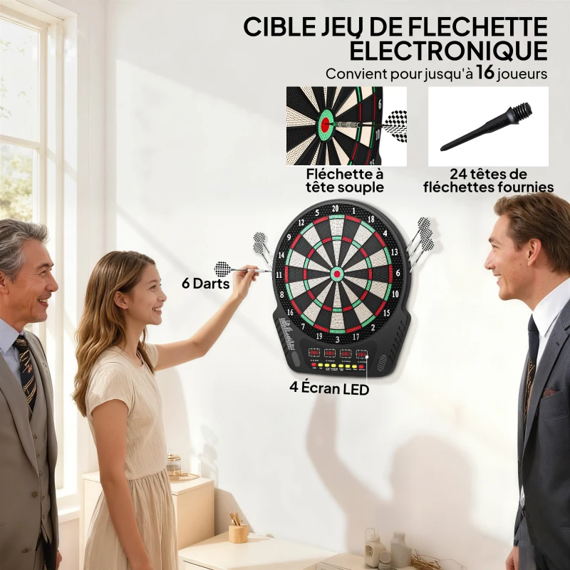 HOMCOM Cible Jeu de flechettes électronique Professionnel 27 jeux 243 variations - Fléchettes pour 1 à 16 joueurs, 6 fléchettes et 24 pointes souples, convient pour les fêtes et les soirées de jeu