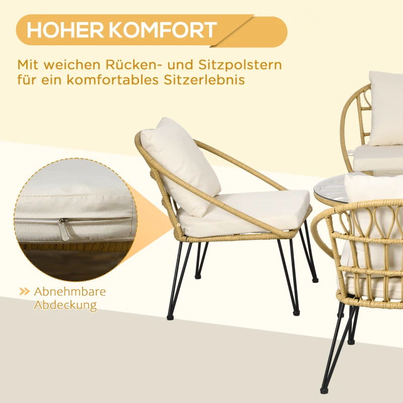 Outsunny Gartensitzgrupp 5-teilige Gartensitzgruppe Gartemöbel-Set, Boho-Stil, 82 cm x 82 cm x 50 cm,  Cremeweiß + Natur
