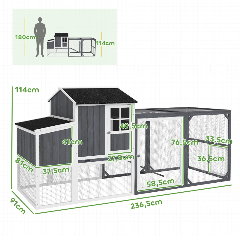 PawHut Kippenhok met uitloop voor 3-4 kippen, 3-delige nestkast, 1,9 m² oppervlakte, vurenhout, Grijs