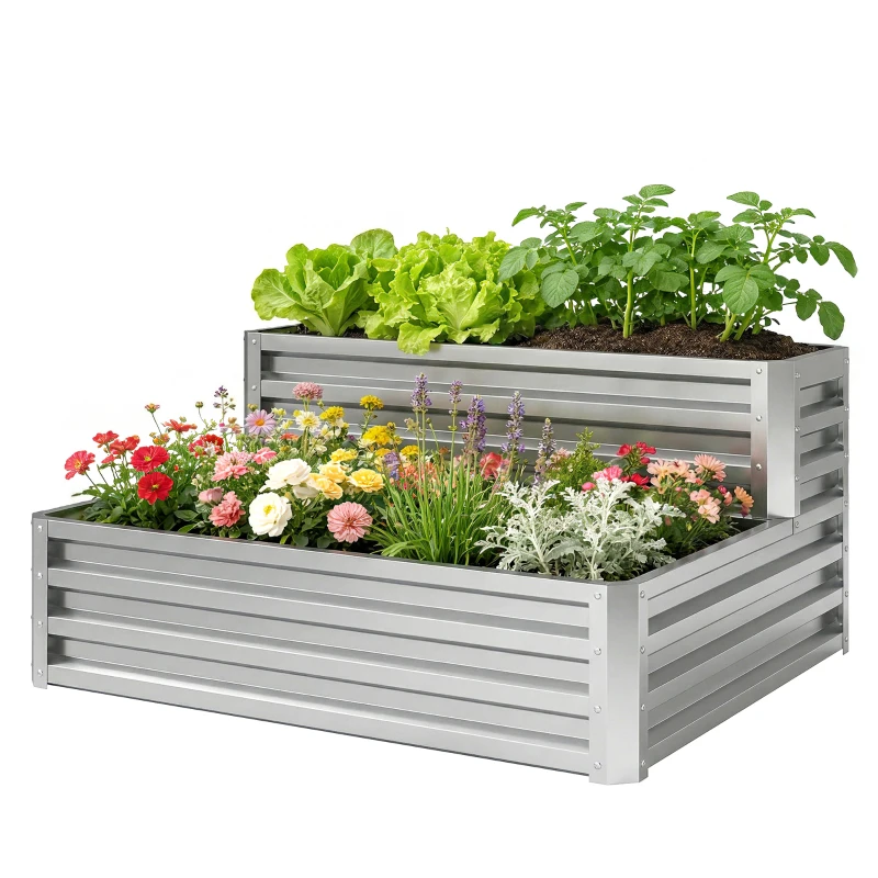Outsunny Caixa de Cultivo de 2 Níveis em Aço Galvanizado com Design em Escada e Fundo Aberto  120x101x58 cm Prata