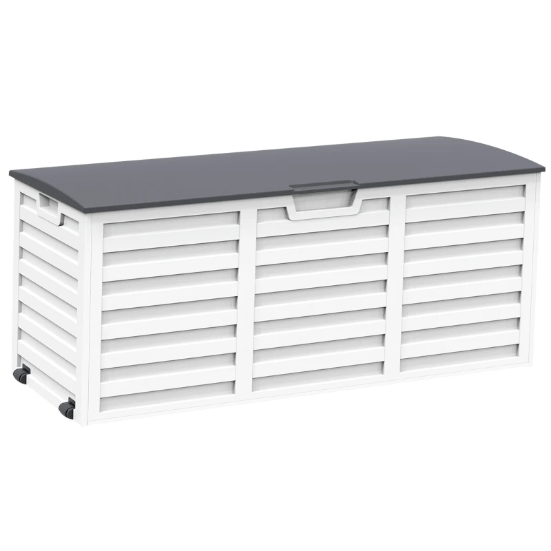 Outsunny Coffre de Jardin Malle de Rangement dim. 112L x 49l x 53H cm 2 roulettes polypropylène texturé Imitation Lattes de Bois Blanc Gris