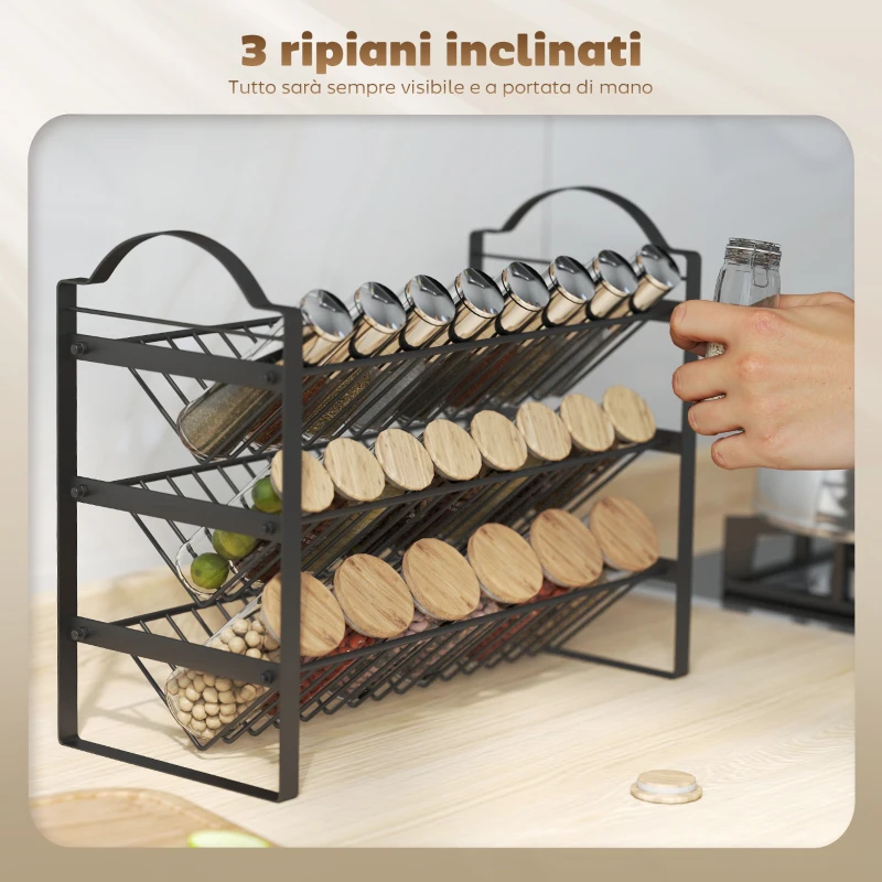 HOMCOM Portaspezie da Cucina a 3 Livelli, Organizer Salvaspazio con Ripiani Inclinati in Metallo, Nero