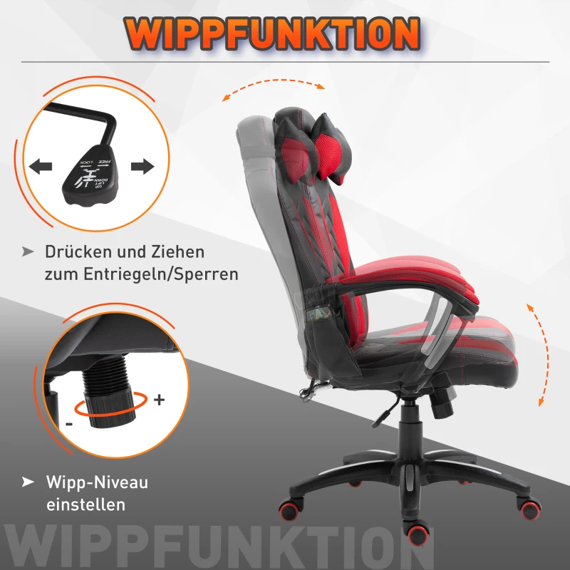 HOMCOM Bureaustoel Massagestoel met 6 Vibratiepunten Ergonomische Gamingstoel met Verwarmingsfunctie Kunstleer Rood 68 x 69 x 108-117cm