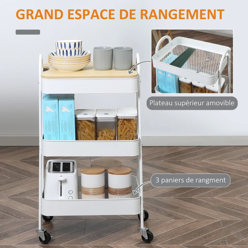 HOMCOM Desserte chariot de rangement en acier à roulettes avec 3 niveaux, plateau MDF, poignées dim. 45L x 31l x 79,4H cm