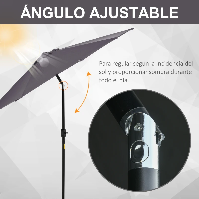 Outsunny Sombrilla de Jardín, Ø260x235 cm, Parasol de Jardín Reclinable con Manivela, Poste Desmontable de Aluminio y 6 Varillas de Metal, para Terraza, Exterior, Balcón, Gris
