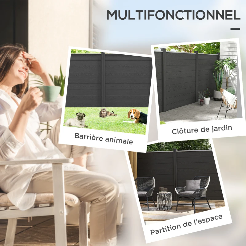 Outsunny Clôture de jardin occultant en WPC bois composite et aluminium extérieur avec pieds - modulable, 186L x 187H cm, gris