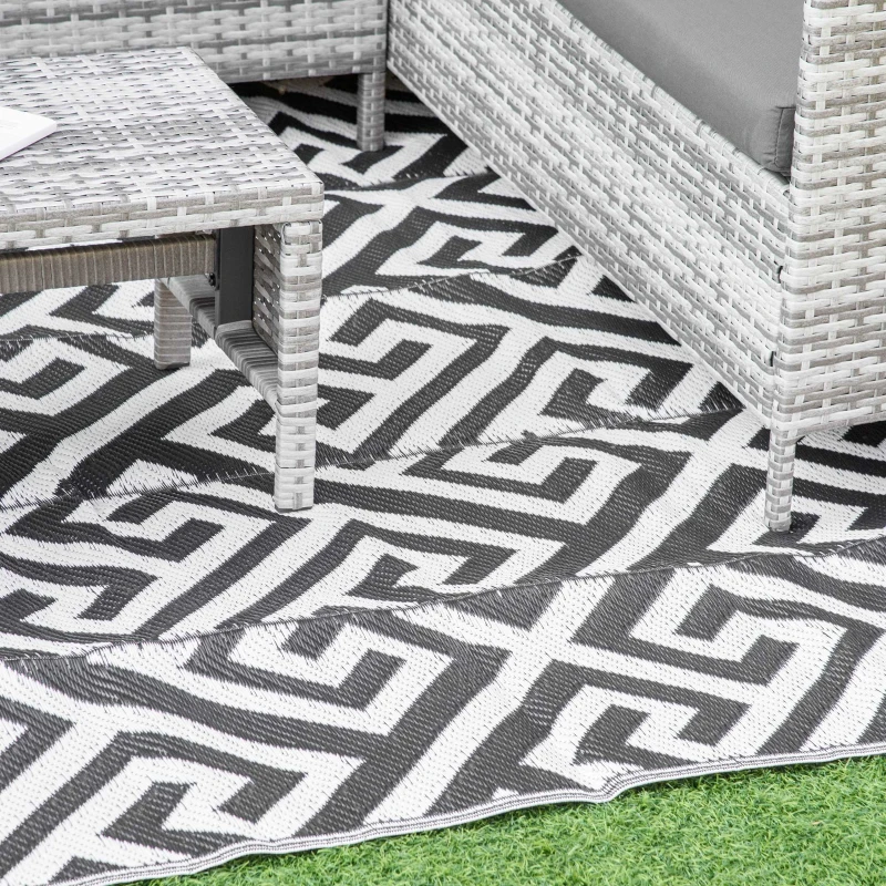 Outsunny Alfombra de Exterior Reversible 182x274 cm con Patrón Geométrico Acabado Impermeable Blanco y Negro