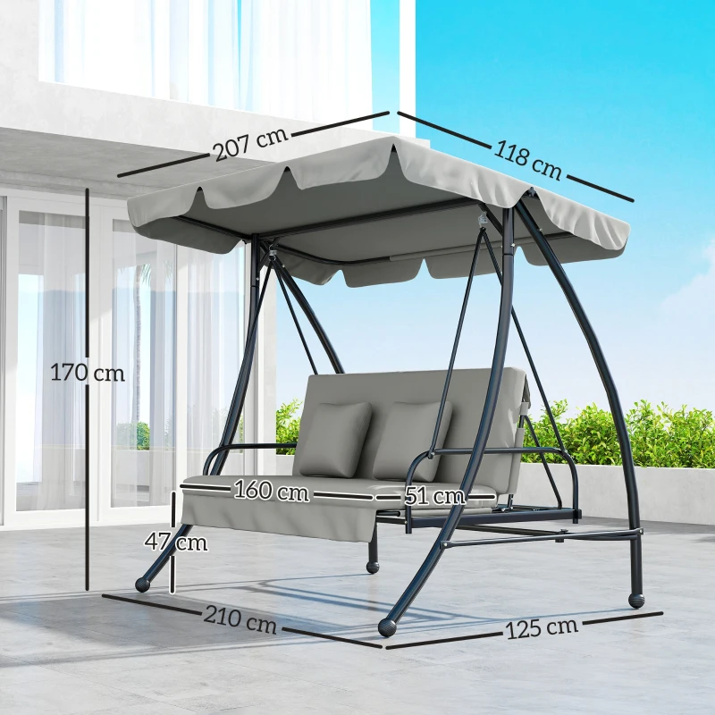 Outsunny Hollywood schommel tuinschommel schommelbank met ligfunctie, 3 zits, metaal + polyester, grijs, 209 x 114 x 170 cm | Aosom