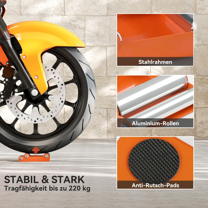 HOMCOM Motorfiets Reinigingsstandaard Rolstandaard Wiel Draaihulp Geschikt voor <485 lb & Bandbreedte <180 mm Oranje