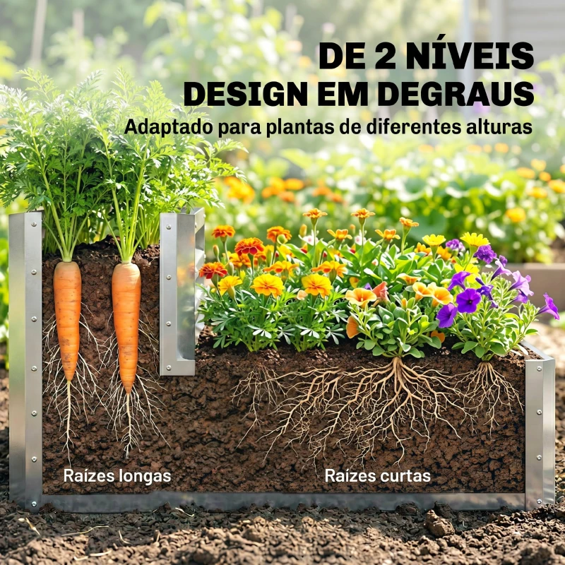 Outsunny Caixa de Cultivo de 2 Níveis em Aço Galvanizado com Design em Escada e Fundo Aberto  120x101x58 cm Prata