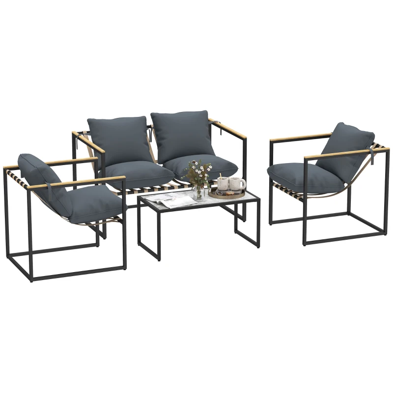 Outsunny 4-delig tuinmeubelset, outdoor meubelset, 2 fauteuils, 2-zitsbank, 1 tafel, gestoffeerd, staal, polyester, grijs