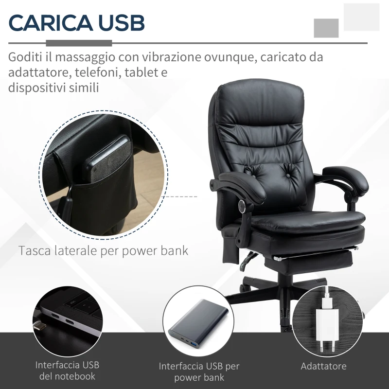 Vinsetto Sedia da Ufficio Massaggiante in Similpelle con Presa USB, 64x69x107-115cm, Nero