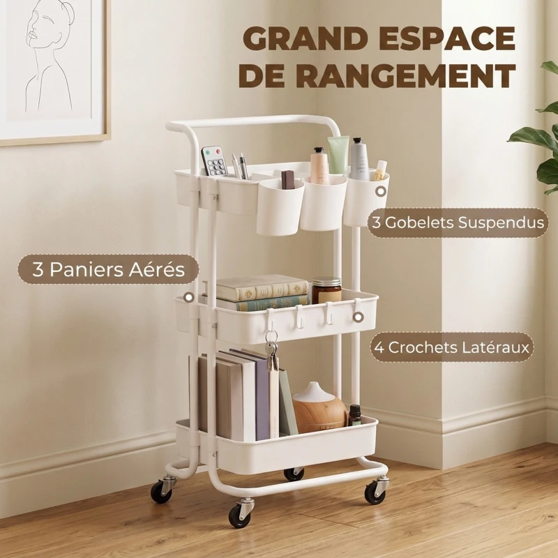 HOMCOM Chariot à 3 niveaux desserte avec 4 crochets et 3 boîtes suspendues amovibles pour 42 x 38 x 86,5 cm blanc