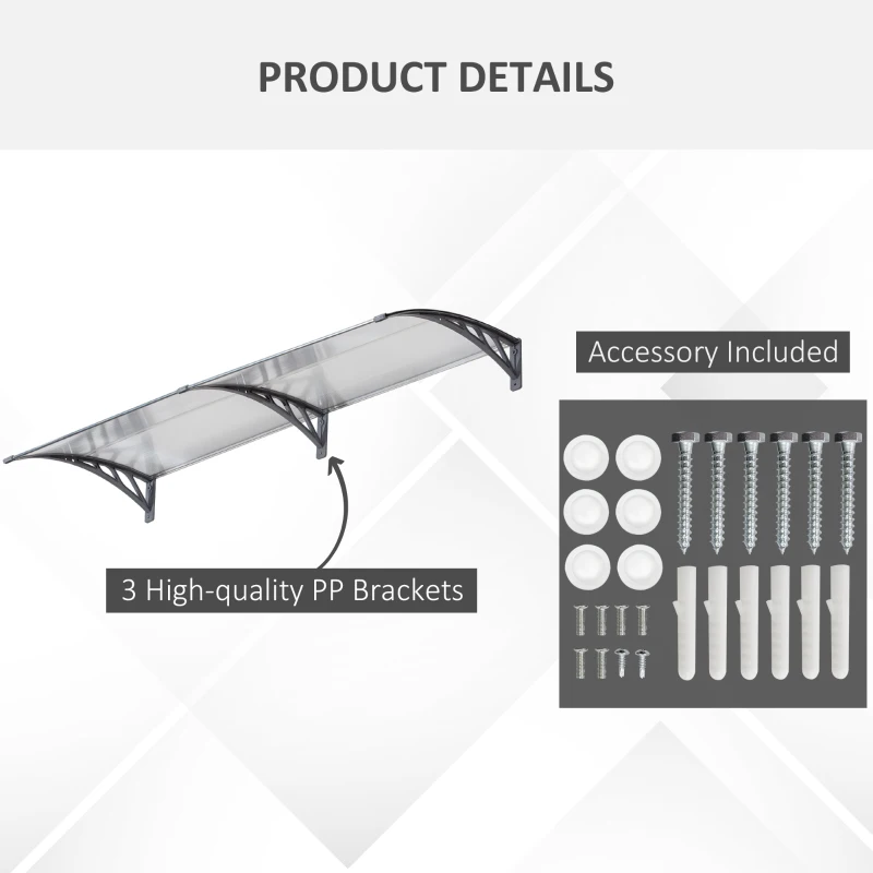 Outsunny Front Door Canopy Outdoor Awning Aluminium Rigid Plastic Polycarbonate Rain Shelter UV Water Rain Resistant 196 x 75cm Clear