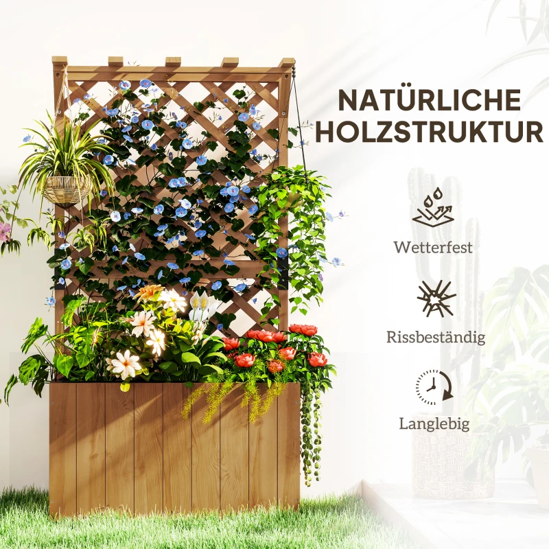 Outsunny Verhoogd Bloembed Plantenbak met Klimrek, Spalier Plantenbak Bloembak Hout, Tuinspalier 64 x 33 x 122cm Natuurlijk Hout
