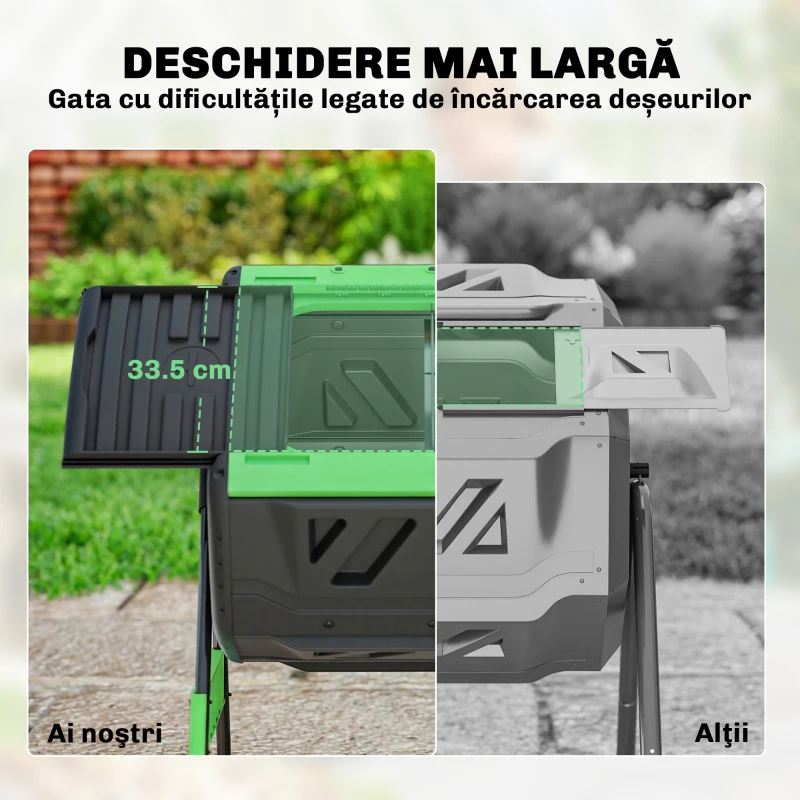 Outsunny Compostor de grădină, compostor rotativ cu două camere, 200L, negru