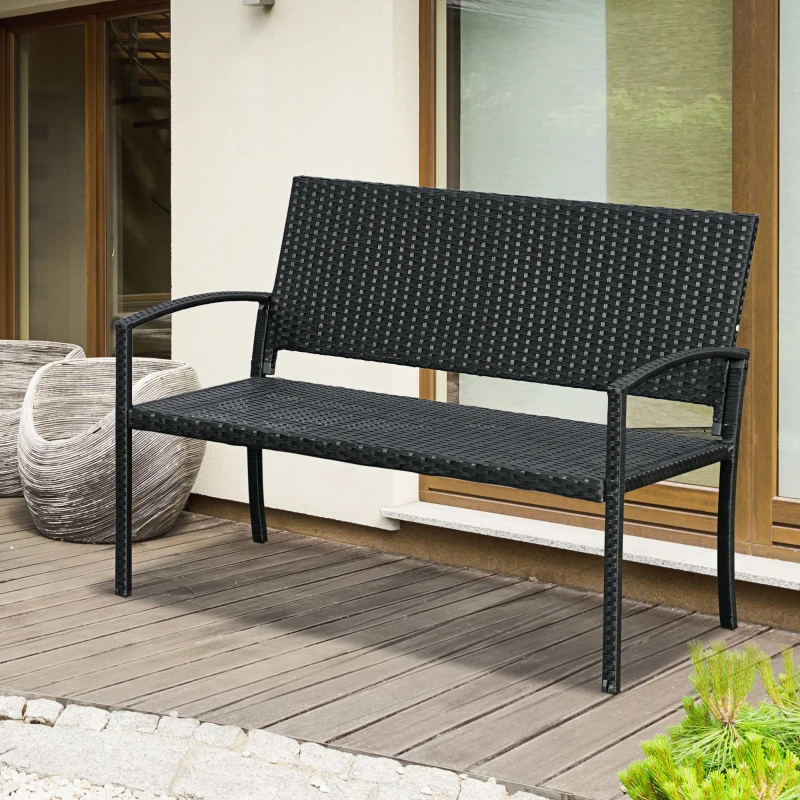 Outsunny Panchina da Giardino ed Esterno in Rattan, Panca in Rattan Nero 2 Posti, 122x60x85cm