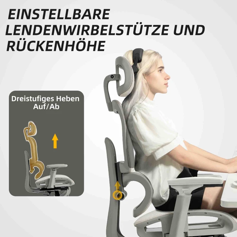 HOMCOM Bureaustoel, ergonomische bureaustoel met mesh-bekleding, verstelbaar, verrijdbaar, met armleuningen, hoofdsteun, beige(m-8)