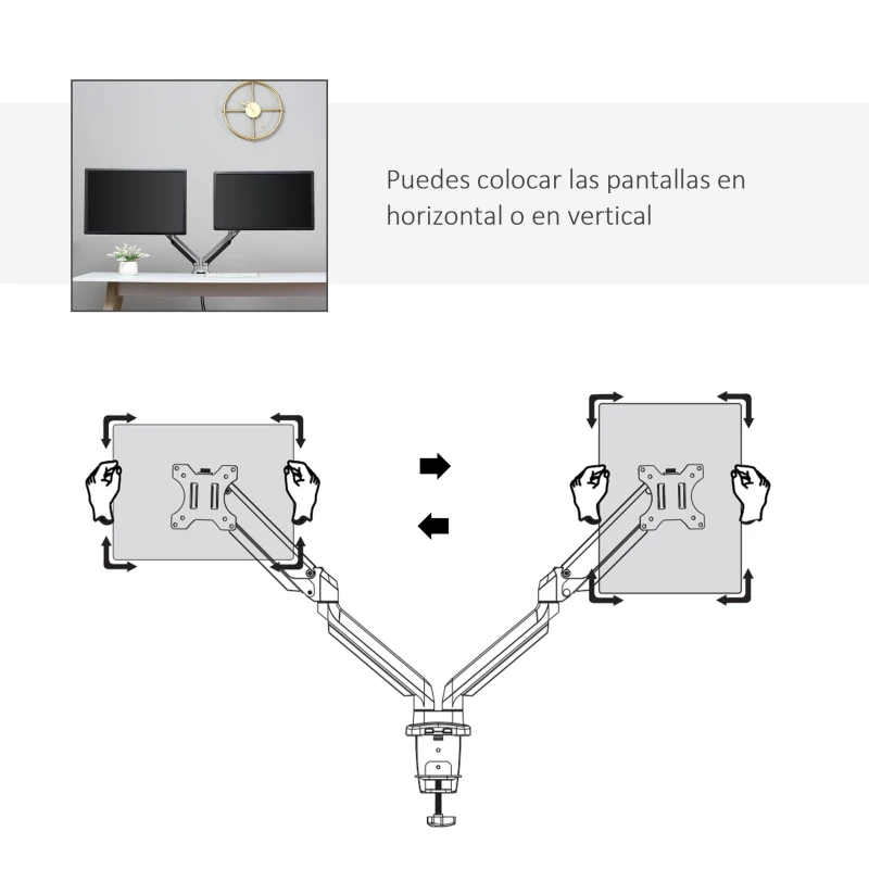 Vinsetto Soporte Monitor Doble para Pantallas LED LCD de 13-32 Pulgadas VESA 75/100 mm con Brazo Ajustable y Giratorio 360° de Aluminio 2 Opciones de Montaje 93x11x47 cm Plata