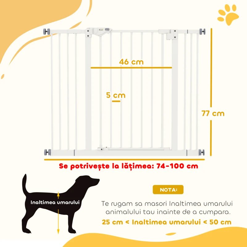 PawHut Poartă pentru câini reglabilă până la 100 cm fără șuruburi, cu 2 extensii și înălțime de 72 cm, albă