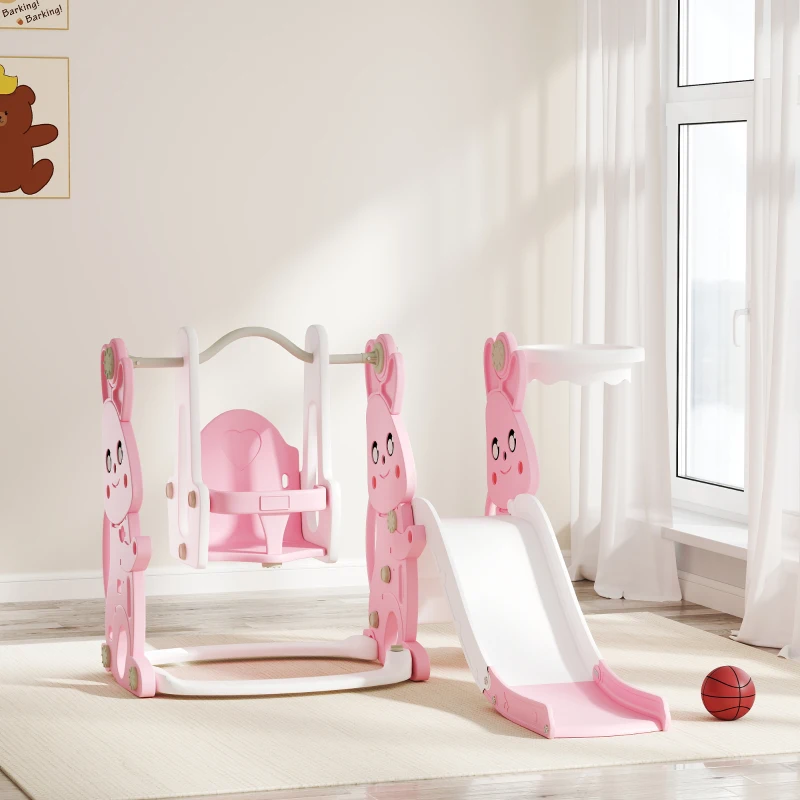 AIYAPLAY 4 in 1 Kids Slide and Swing Set with Climber, Basketball Hoop, Rabbit-Themed, Pink