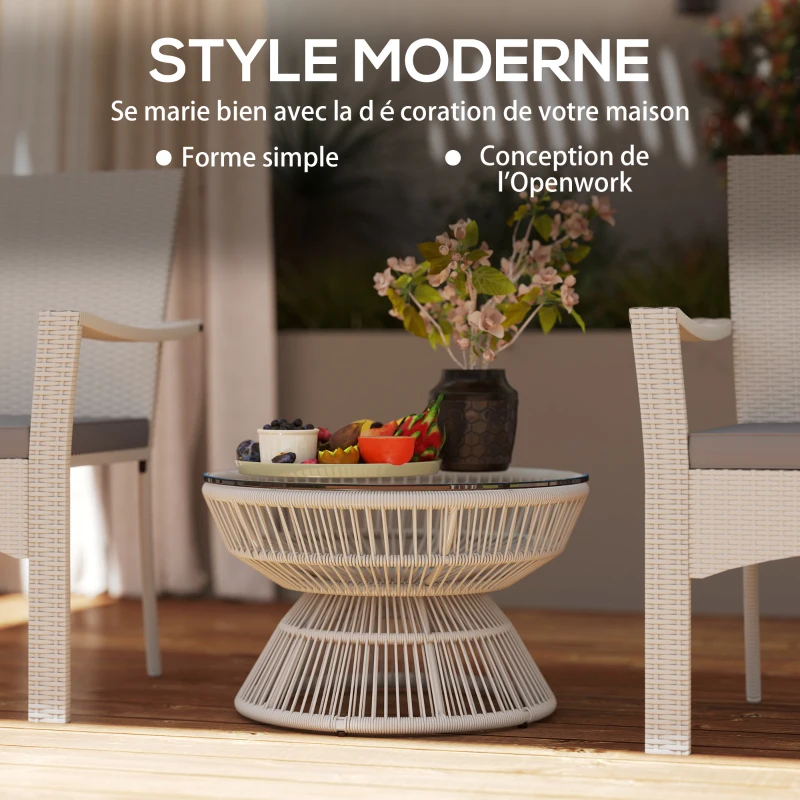 Outsunny Table basse de jardin ronde, table d'appoint en résine aspect rotin et plateau verre trempé Ø 60 x 37H cm