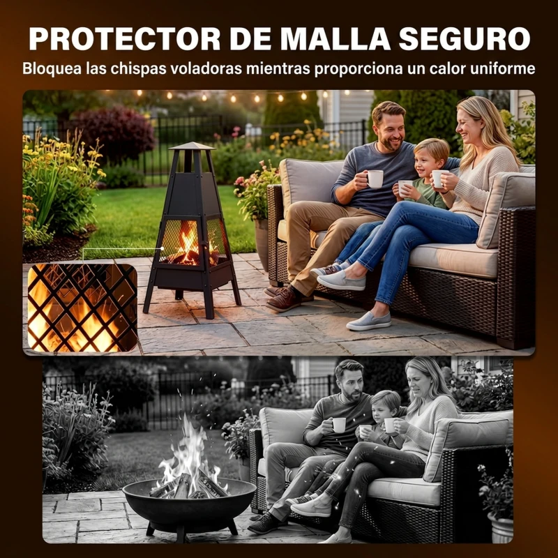Outsunny Brasero de Exterior con Chimenea Cónica 41x40,5x97 cm Acero al Carbono con Malla Protectora para Patio Terraza Negro