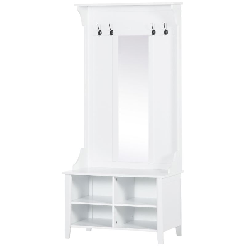 HOMCOM Appendiabiti Attaccapanni da Terra con Specchio Scarpiera 4 Ganci Legno 80x40x170cm Bianco